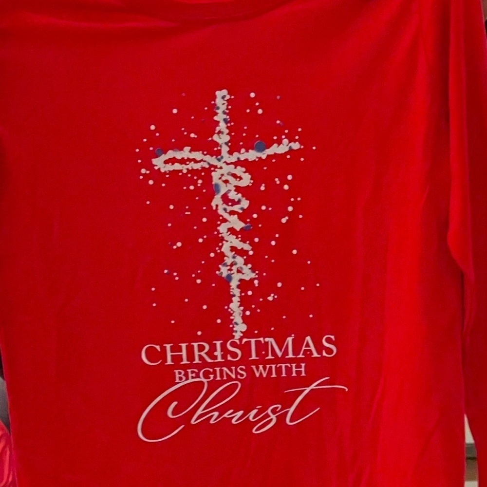 Red or Black Long Sleeve T-“Christmas Begins w/Christ”